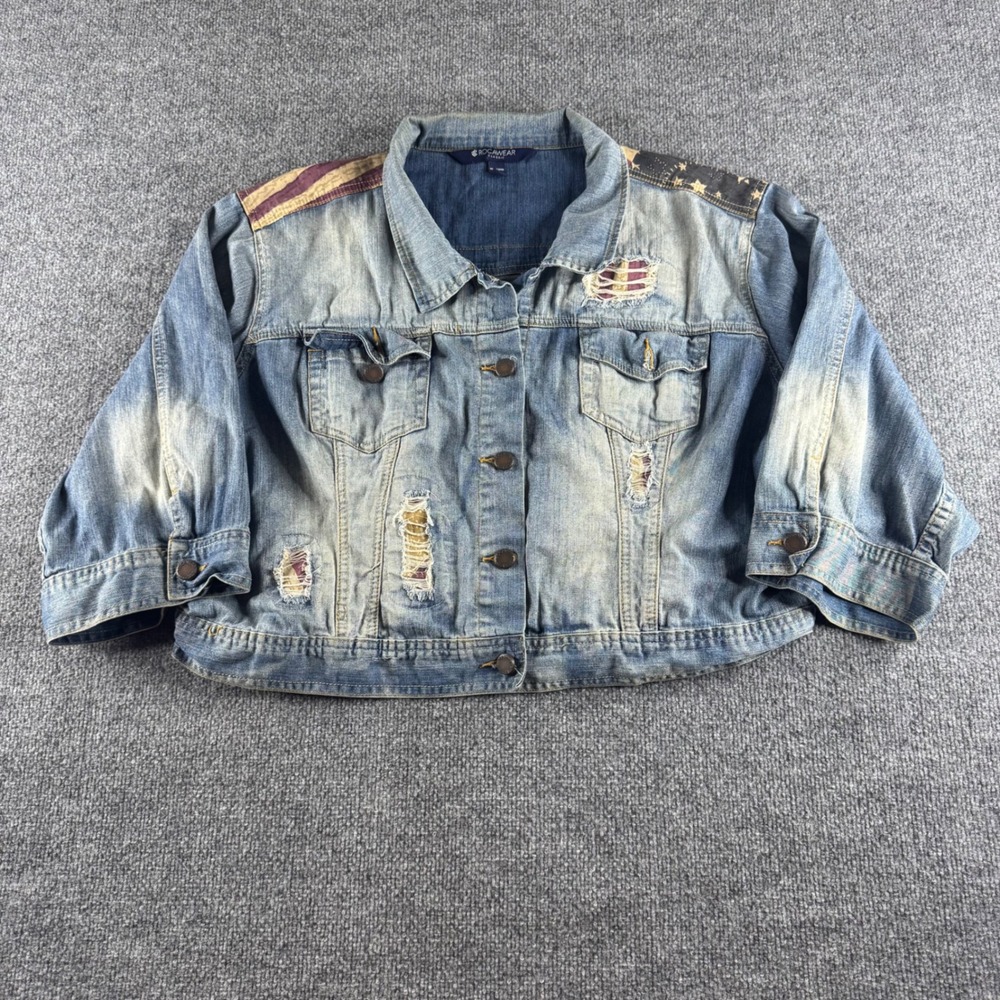 Rocawear Classic Womens 3X Distressed Denim Jacket Americana Logo Cropped Blue